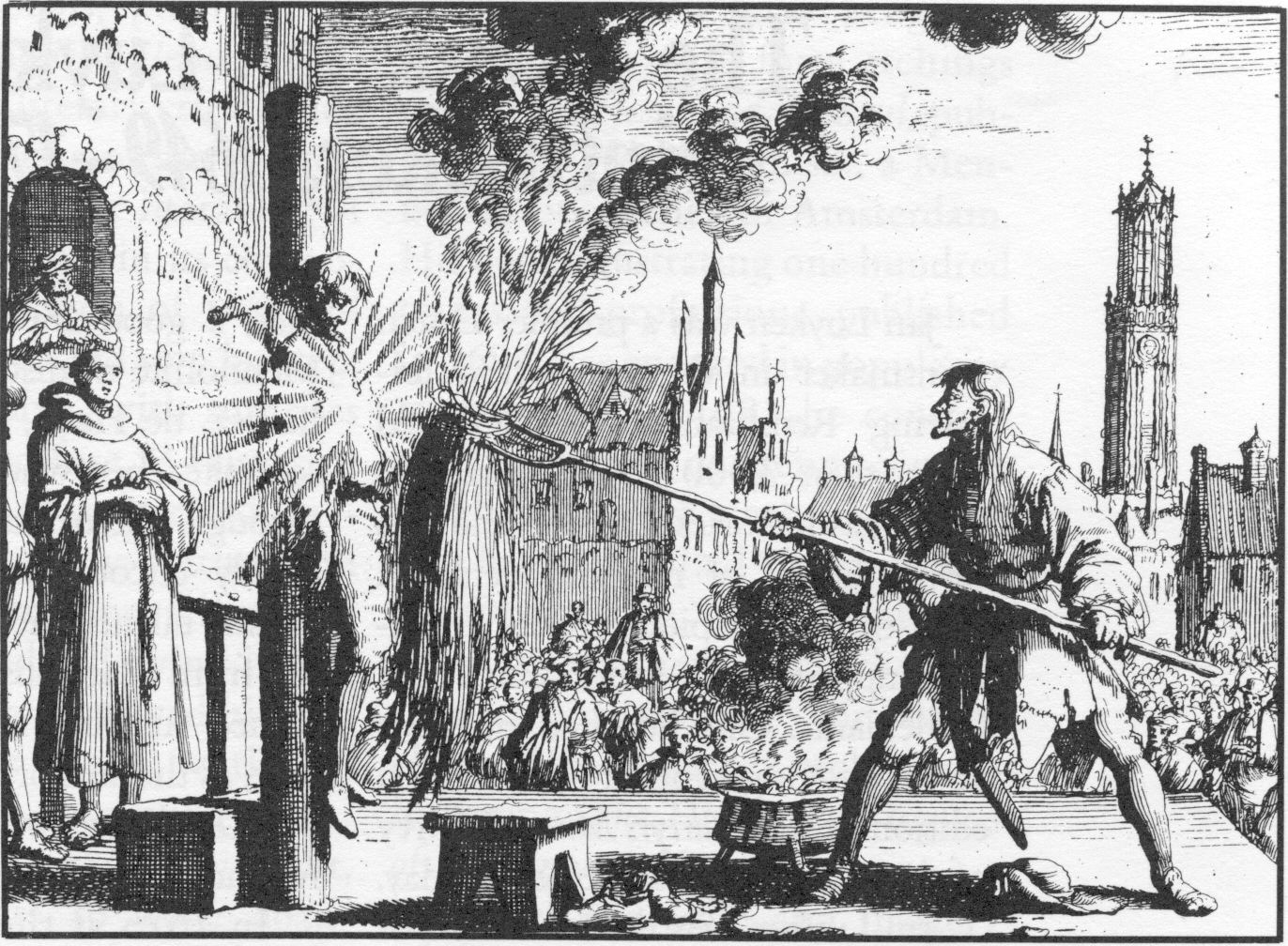 Hendrik Eemkens an Anabaptist being burned at the stake 1562 in The Mirror of the Martyrs p. 79