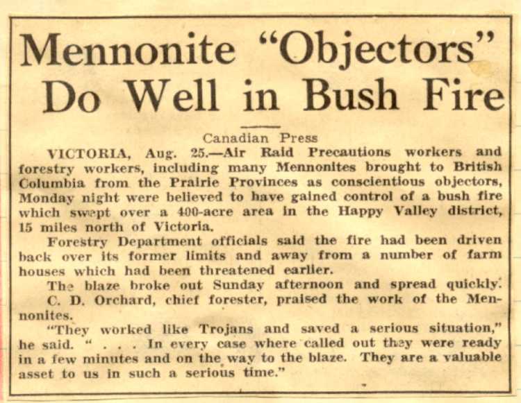 Mennonite Objectors do well in Bush Fire. (MHC, 1159-1)