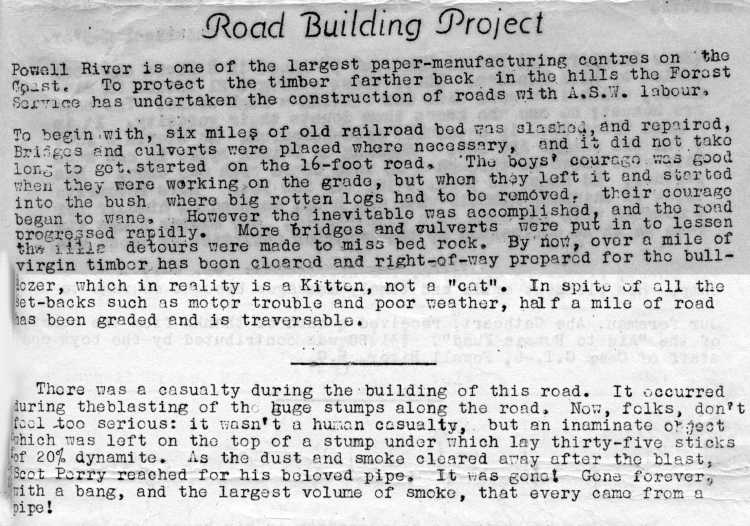 Road Building Project in The Beacon Vol. 2 No. 3 March 1943 p. 1
