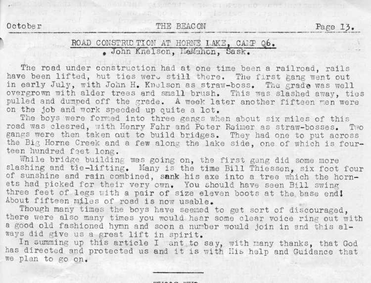 Road Construction at Horne Lake Camp Q6 by John Knelson in The Beacon Vol. 1 No. 1 Oct 1942 p. 13