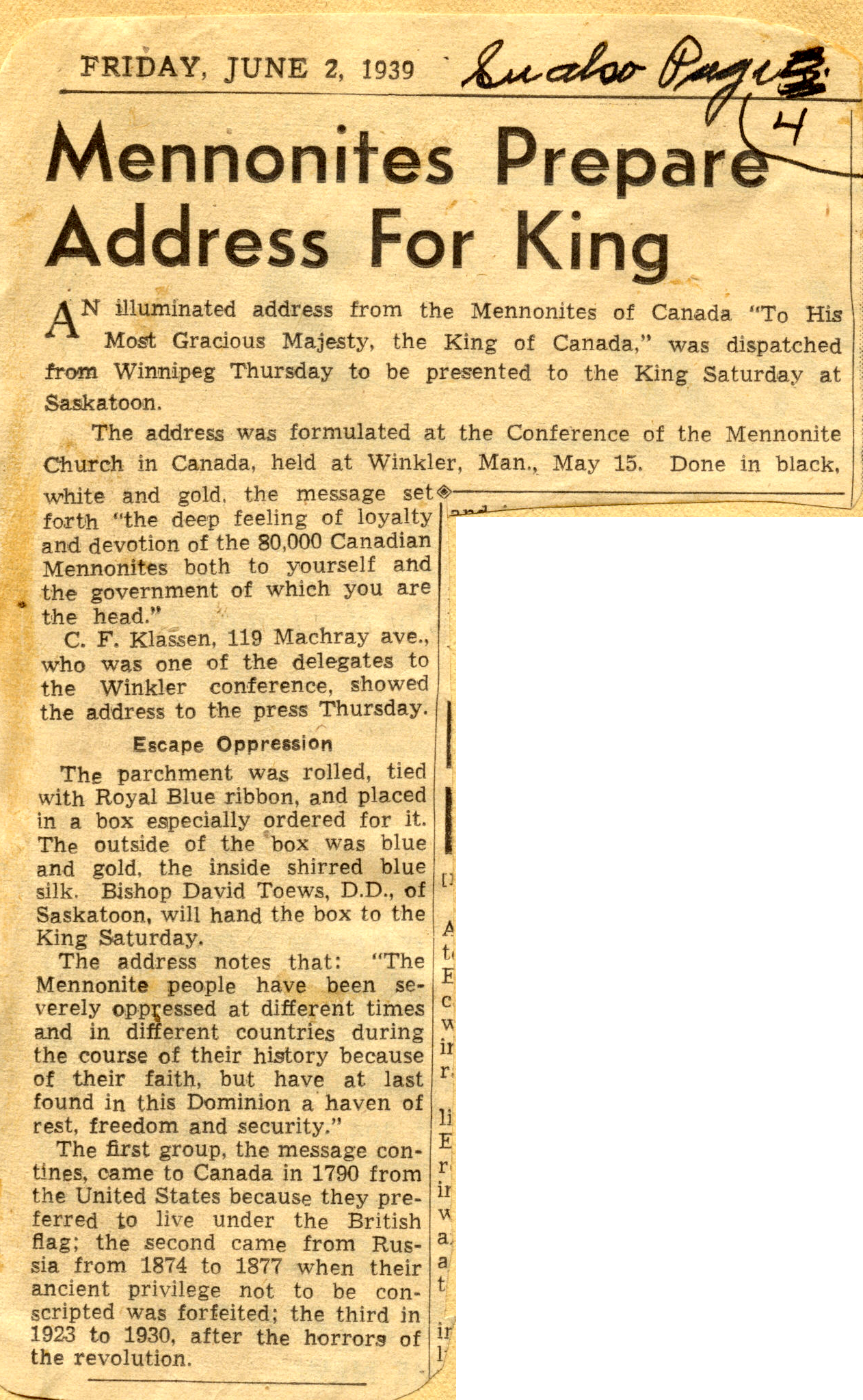 Mennonites prepare Address for King in 1939 in Benjamin Ewert fonds, MHC, vol 2849 file 6